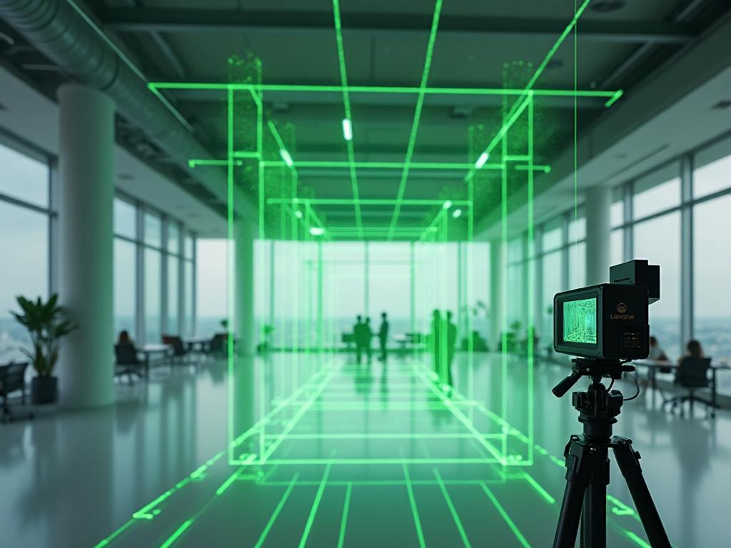 Professional 3D laser scanner capturing point cloud data in a commercial office space, showing green laser beams mapping the environment