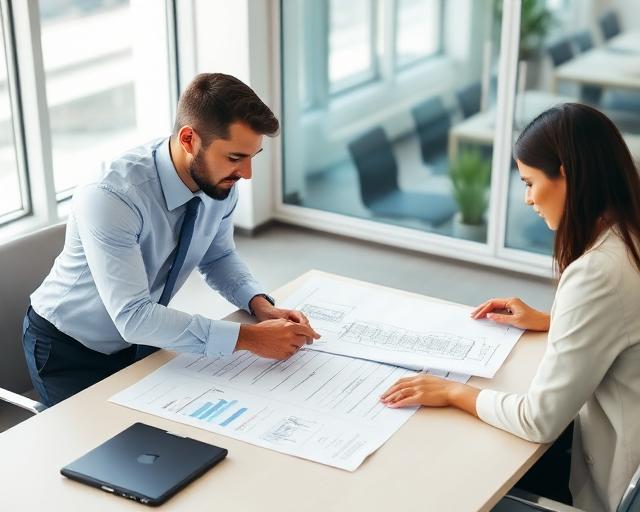 Project consultation meeting reviewing blueprints and scanning requirements with client