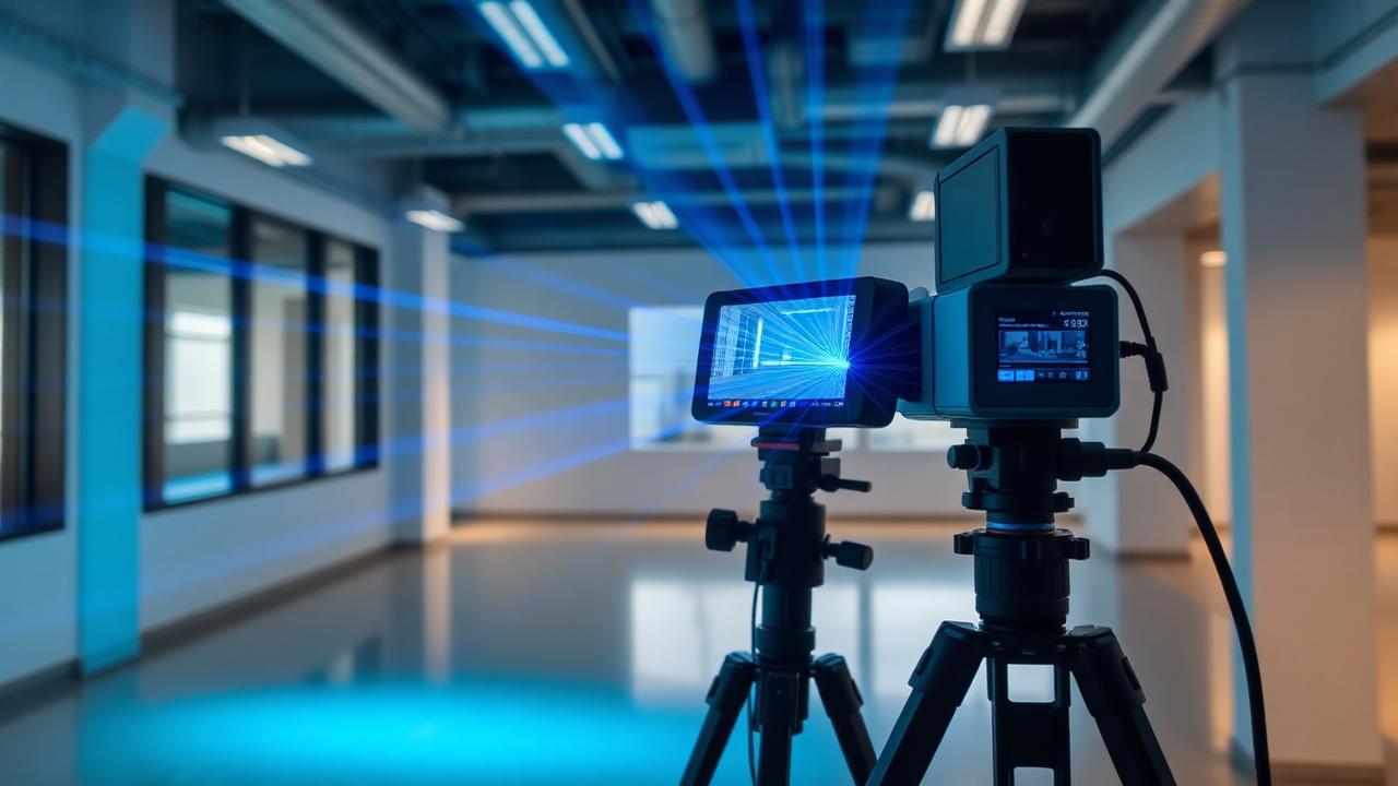 Technician performing 3D laser scanning in a commercial building interior with scanning equipment visible